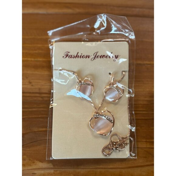 Rose Gold Necklace & Earrings Set With Pink Stone & Rhinestones - Picture 1 of 3